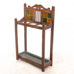 An Arts Crafts Oak Umbrella Stick Stand with Original Green Mustard Tiles - 4192822