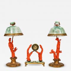 An Exceptional Edward I Farmer Jade and Coral Clock Garniture with Lamps - 4626919