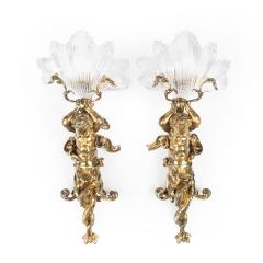An Exceptional Pair of Ormolu Glass Triton Wall Lights by Lerolle of Paris - 4140805