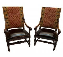 An Italian pair of Walnut armchairs with leather seats and fabric backs  - 3554623