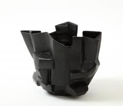 An R A Pesce wheel thrown cubist vessel in white stoneware with black glaze  - 2308349