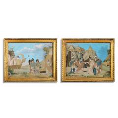 An unusual pair of Italian silk embroidery and gouache painted paper pictures - 1432461