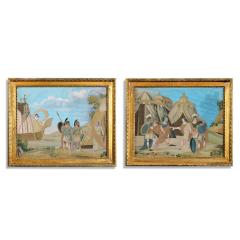 An unusual pair of Italian silk embroidery and gouache painted paper pictures - 1432461