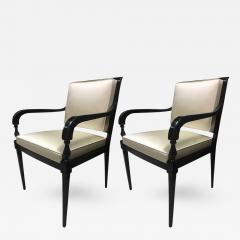 Andr Arbus Andre Arbus Pair of Chic Neoclassic Black Lacquered Wood Chairs Covered in Silk - 367774