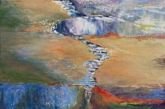 Andrei Petrov High Falls Redux Abstract Landscape Painting in Yellow Blue and Green - 3819026