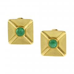 Andrew Clunn Andrew Clunn Square textured Gold Cabochon Emerald Ear Clips - 4616141
