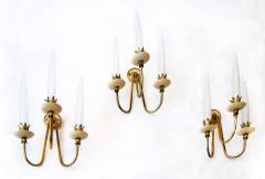 Angelo Lelli Lelii Rare Set of Three Angelo Lelli Brass and Opaline Glass Wall Lights 1950 - 1713796