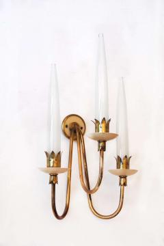 Angelo Lelli Lelii Rare Set of Three Angelo Lelli Brass and Opaline Glass Wall Lights 1950 - 1713802