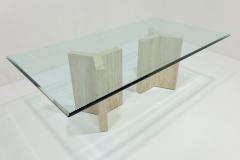 Angelo Mangiarotti Laser Cut Glass Top with Travertine Pedestals Dining Table - 3203973