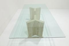 Angelo Mangiarotti Laser Cut Glass Top with Travertine Pedestals Dining Table - 3203974