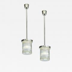 Angelo Mangiarotti Pair of Ribbed Glass Lanterns or Pendants with Nickeled Mounts - 2203998