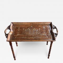 Anglo Indian butlers style inlaid wooden traveling table depicting the Taj Mahal - 2812724