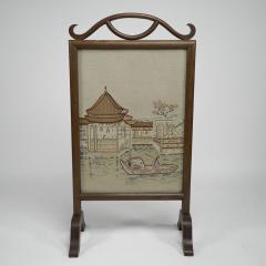 Anglo Japanese oak firescreen with a Torri gate detail embroidery river scene  - 4189363