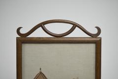 Anglo Japanese oak firescreen with a Torri gate detail embroidery river scene  - 4189366