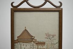 Anglo Japanese oak firescreen with a Torri gate detail embroidery river scene  - 4189368