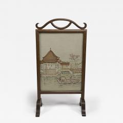 Anglo Japanese oak firescreen with a Torri gate detail embroidery river scene  - 4232808