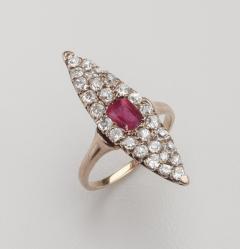 Antique 14K Yellow Gold Ruby Old Mine Cut Diamond Navette Ring - 3068218