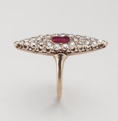 Antique 14K Yellow Gold Ruby Old Mine Cut Diamond Navette Ring - 3068219