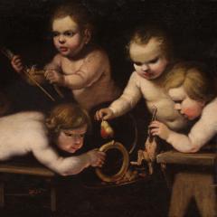 Antique 17th century painting oil on canvas cherub games - 4014877