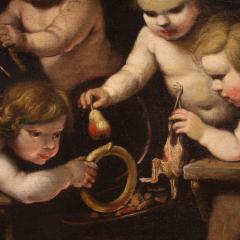 Antique 17th century painting oil on canvas cherub games - 4014880