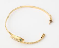 Antique 18 kt Gold Snake Bracelet with Emerald Eyes and Diamond Head - 411368
