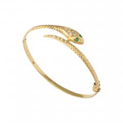 Antique 18 kt Gold Snake Bracelet with Emerald Eyes and Diamond Head - 412362