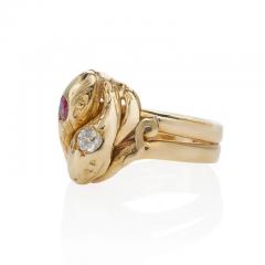 Antique 18K Gold Ruby and Diamond Double Snake Ring - 3606811