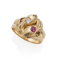 Antique 18K Gold Ruby and Diamond Double Snake Ring - 3606814