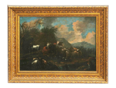 Antique 18th C Landscape Oil Painting Cattle in a Mountain Landscape - 2259631