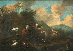 Antique 18th C Landscape Oil Painting Cattle in a Mountain Landscape - 2259676