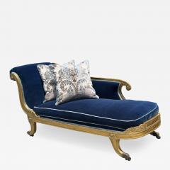 Antique 18th C Louis XVI Giltwood Chaise Fainting Couch Sapphire Blue Mohair - 4738466