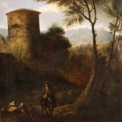 Antique 18th century painting on panel Arcadian landscape with knight - 4335399