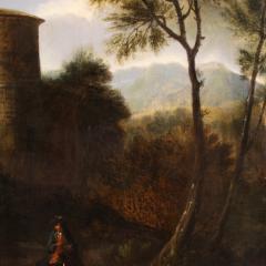 Antique 18th century painting on panel Arcadian landscape with knight - 4335406