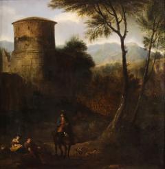 Antique 18th century painting on panel Arcadian landscape with knight - 4335470