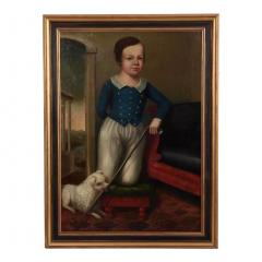 Antique 19c American School Portrait Oil Painting of a Boy His Dog - 2228119