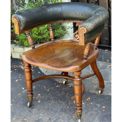 Antique 19c Victorian Oak Leather Captains Desk Tub Chair - 2669212