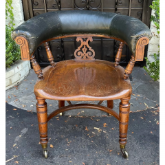 Antique 19c Victorian Oak Leather Captains Desk Tub Chair - 2669213