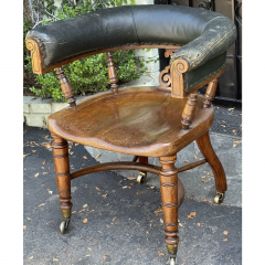 Antique 19c Victorian Oak Leather Captains Desk Tub Chair - 2669214