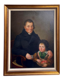 Antique 19th C Library Portrait Oil Painting Father Daughter - 2153094