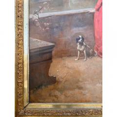 Antique 19th C Oil Painting W Courting Couple Horse Dog Framed Painting - 3820699