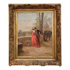 Antique 19th C Oil Painting W Courting Couple Horse Dog Framed Painting - 3820700