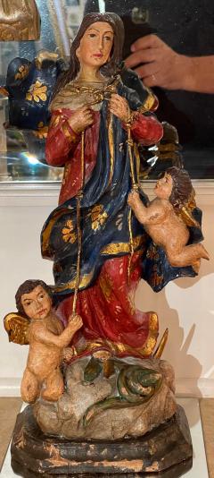 Antique 19th C Polychrome Decorated Carved Wood Santos W Cherubs Sculpture - 2076618