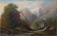 Antique 19th C Welsh Landscape Oil Painting of Figures Near a Watermill - 3947642