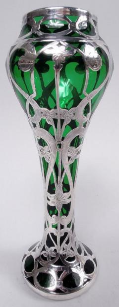 Antique Alvin Art Nouveau Green Silver Overlay Vase - 3984106