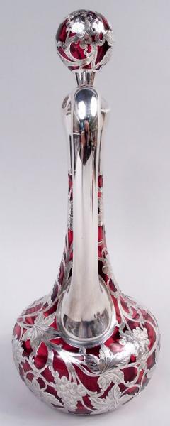 Antique Alvin Art Nouveau Red Grapevine Silver Overlay Decanter - 4338858