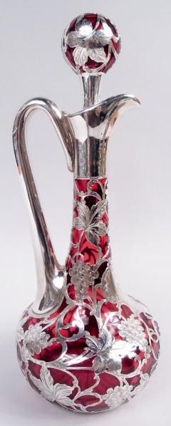 Antique Alvin Art Nouveau Red Grapevine Silver Overlay Decanter - 4338864