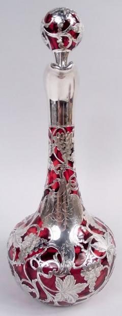 Antique Alvin Art Nouveau Red Grapevine Silver Overlay Decanter - 4338870