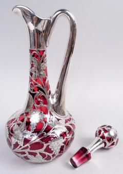Antique Alvin Art Nouveau Red Grapevine Silver Overlay Decanter - 4338875