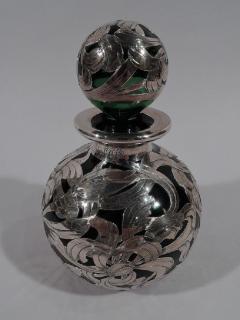 Antique American Art Nouveau Green Glass Silver Overlay Perfume - 3749202