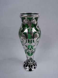 Antique American Art Nouveau Green Silver Overlay Vase - 3767138